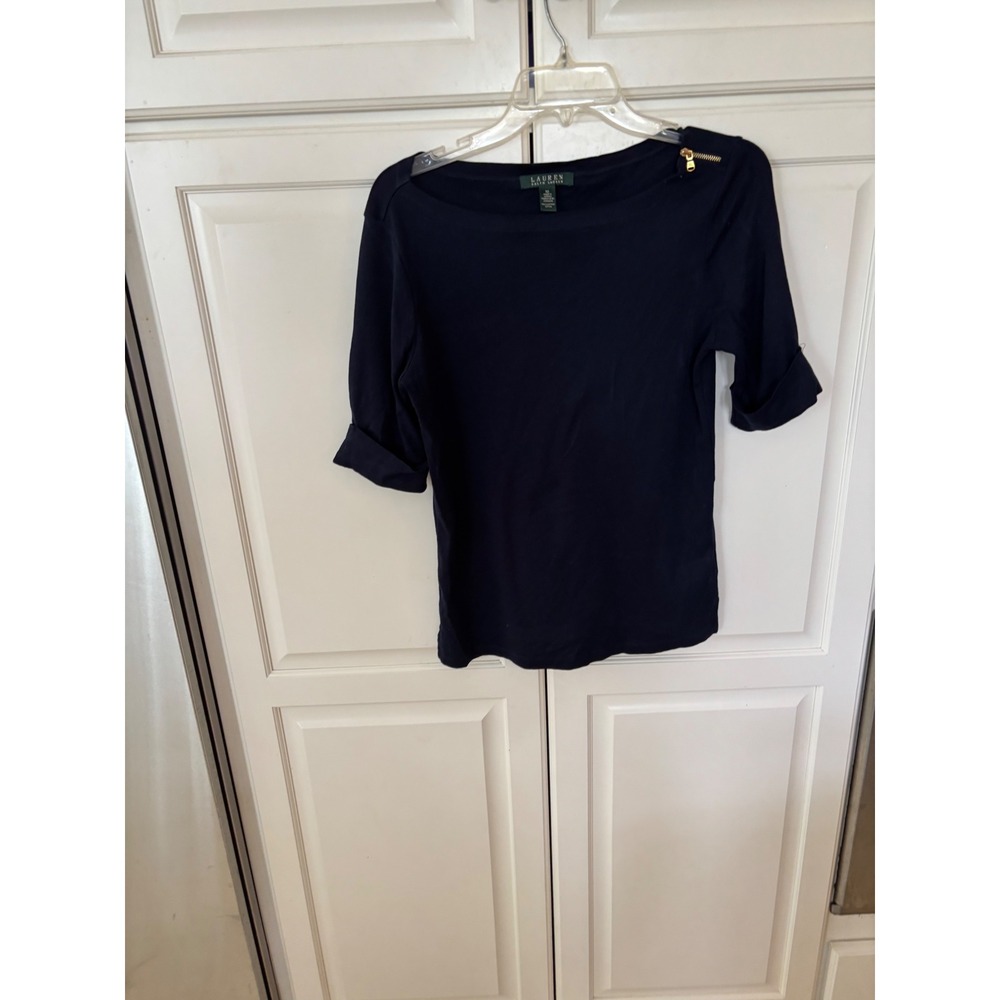 Lauren Ralph Lauren Womens Navy Blue Boatneck Cotton Top Shoulder Zip Size M